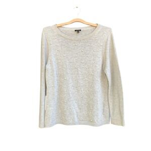 Talbots Sweater Womens Medium Petite Gray Pearl Embellished Crewneck Pullover